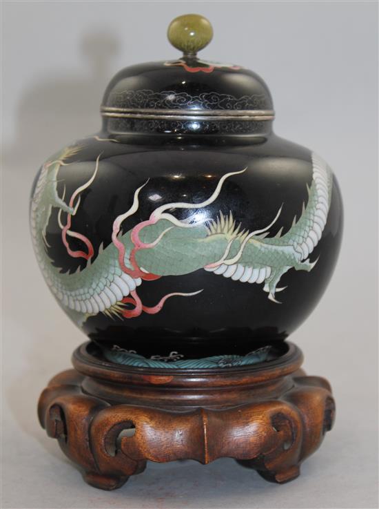 A Japanese silver wire cloisonne enamel dragon jar and cover, Nagoya school, Meiji period, 12.5cm diam., wood stand